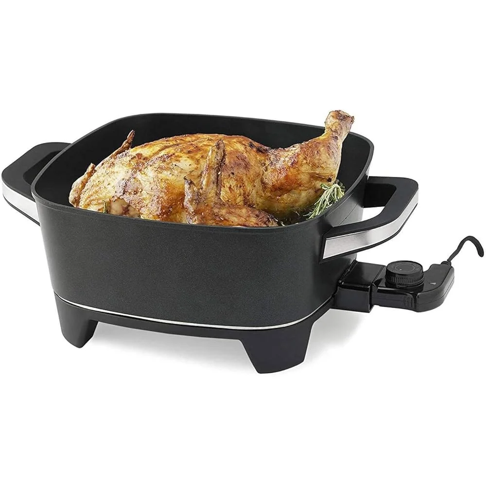 Elektrische Pfanne, 12 Zoll, antihaftbeschichtete Kochfläche, 1500 W, einstellbare Temperatur, tiefe Pfanne mit Glasdeckel, stabile Kühlgriffe