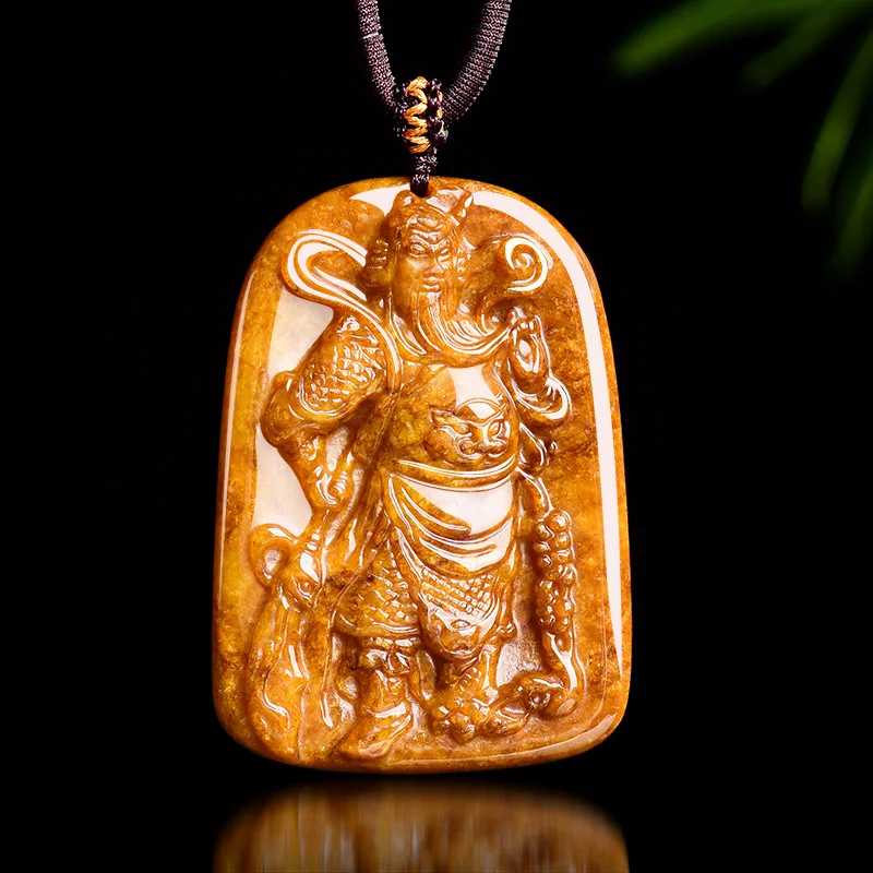 Natural A-grade Jadeite Guan Gong Jade Pendant Necklace Burned Yellow Process For Men's Jewelry Drop Shipping