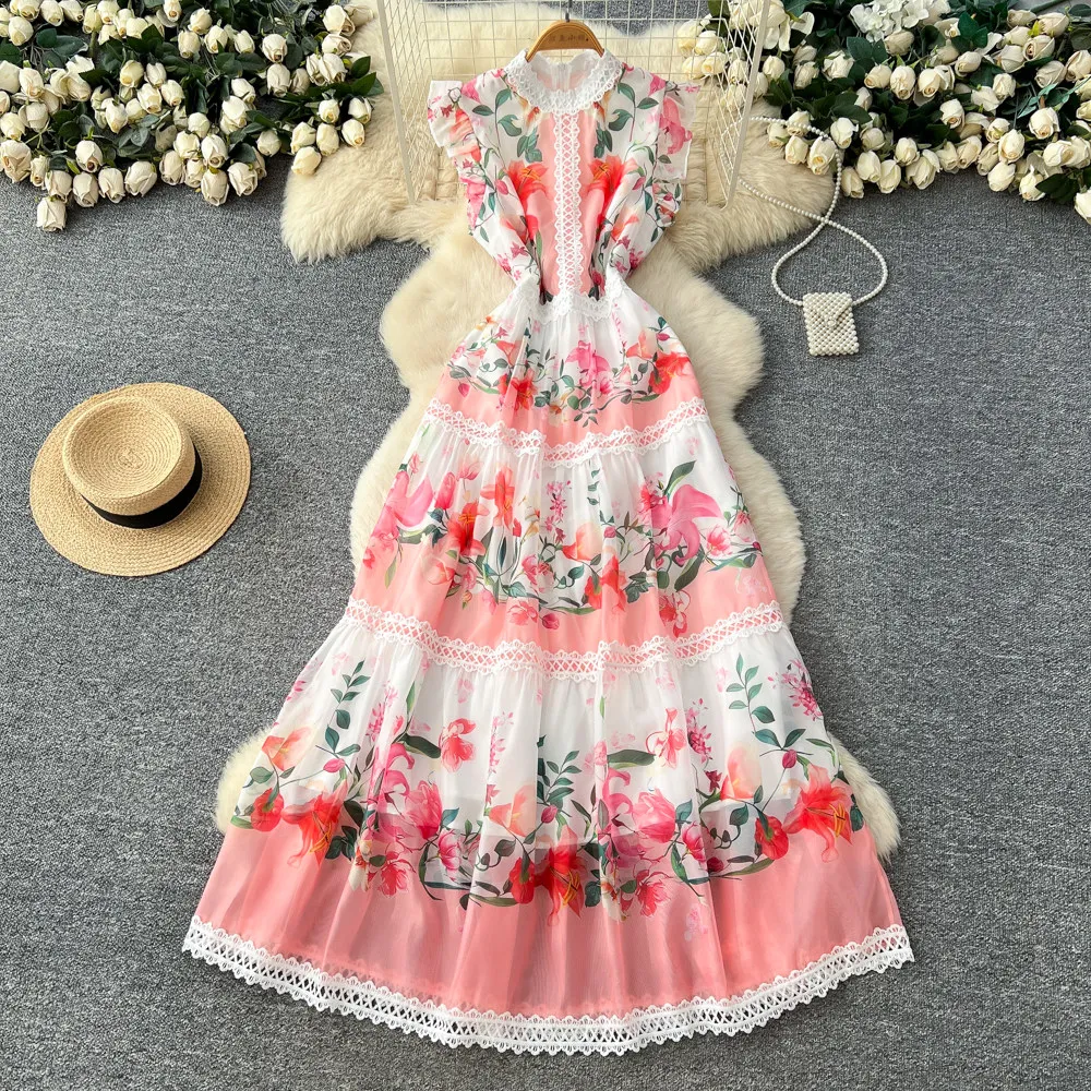 

Новое летнее французское платье с короткими рукавами и кружевным принтом для женщин, фиолетовое, модное, в деревенском стиле, с завышенной талией, А-силуэт, S538