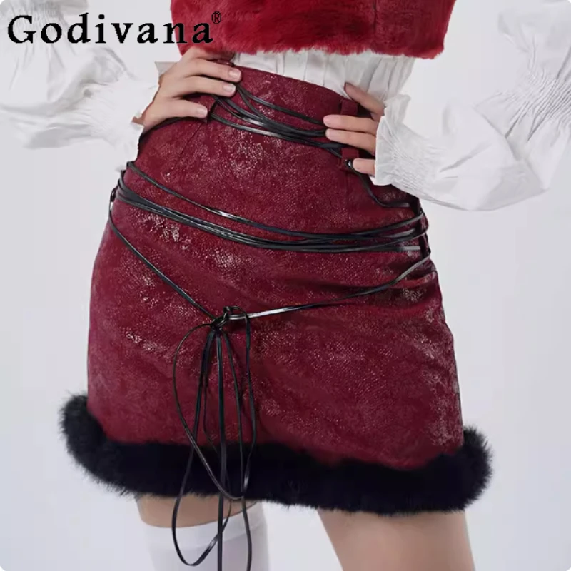 Herfst Winter Nieuwe Mode Lace-up Sexy Veelzijdige Straat Leren Rok Persoonlijkheid Meisje Hoge Taille A-lijn Effen Kleur Punk Rokken