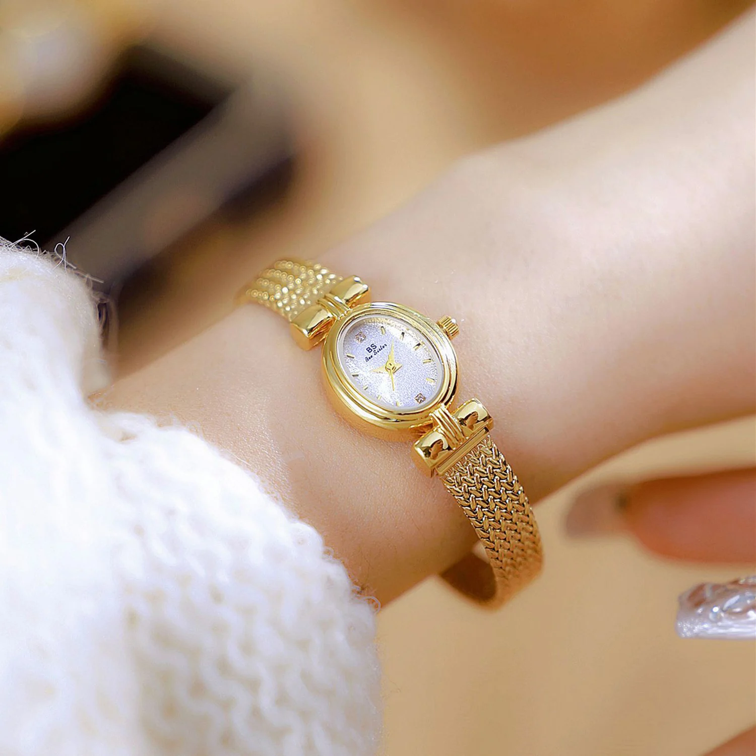 BS Original Brand Watch For Woman Oval Gold Mesh Strap Vintage Watch Women Ladies Quartz Watches Luxury Birthday Gifts Women
