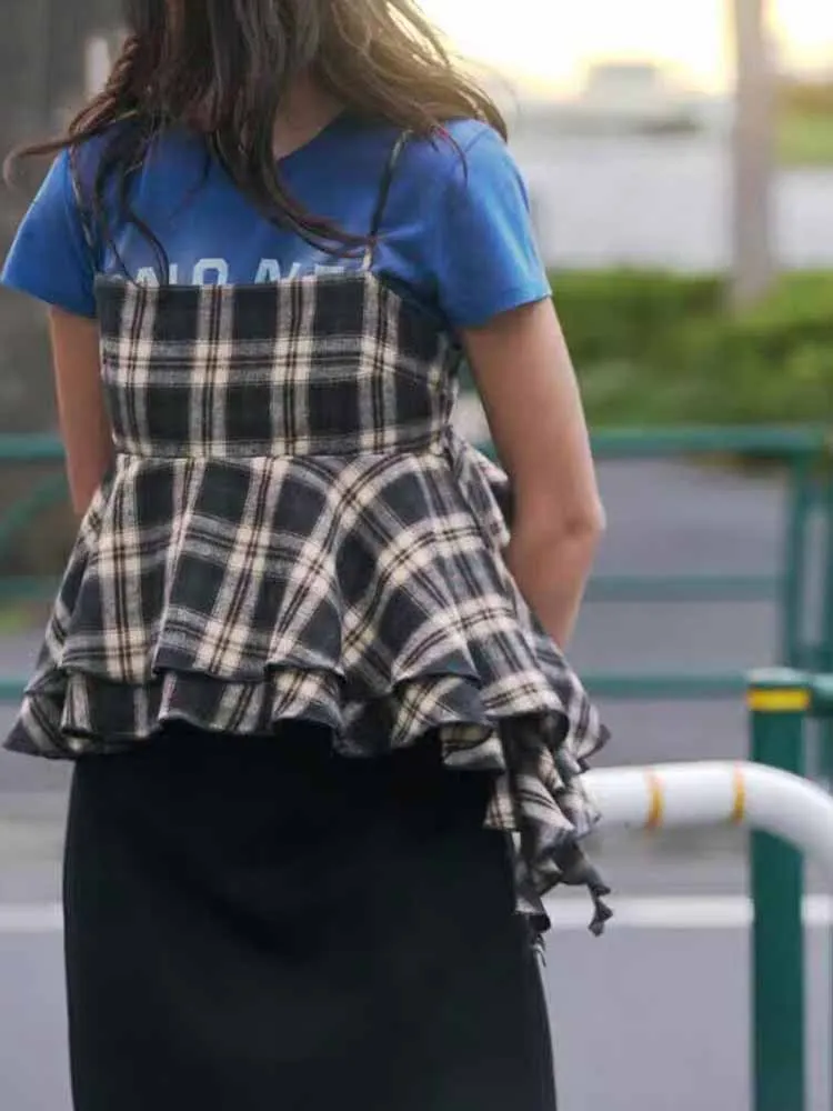 Estilo europeu e americano inverno recém chegados moda feminina suspender decote reto em camadas top xadrez decorativo