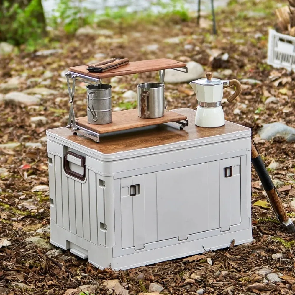 Camping Storage Box Outdoor Folding Organizer Box with Wooden Cover Car Trunk Storage Container Portable Flip Top Storage Case