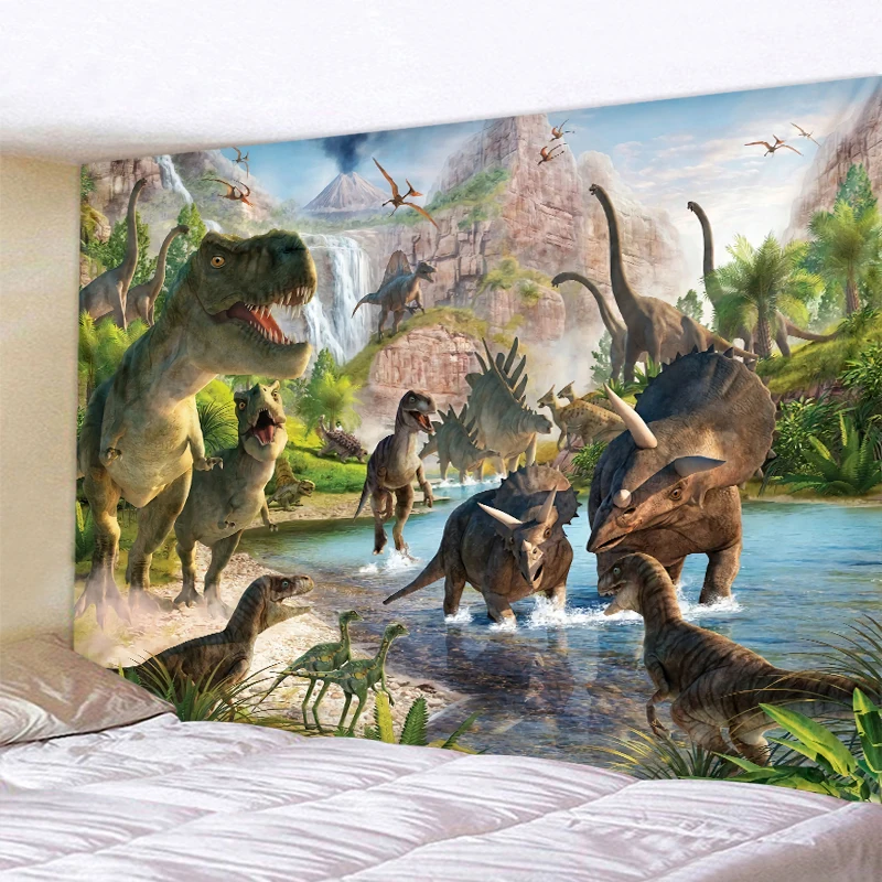 Dinosaur World Print Tapestry Wall Hanging Psychedelic Decorative Wall Carpet Bed Sheet Bohemian Hippie Home Decor Couch