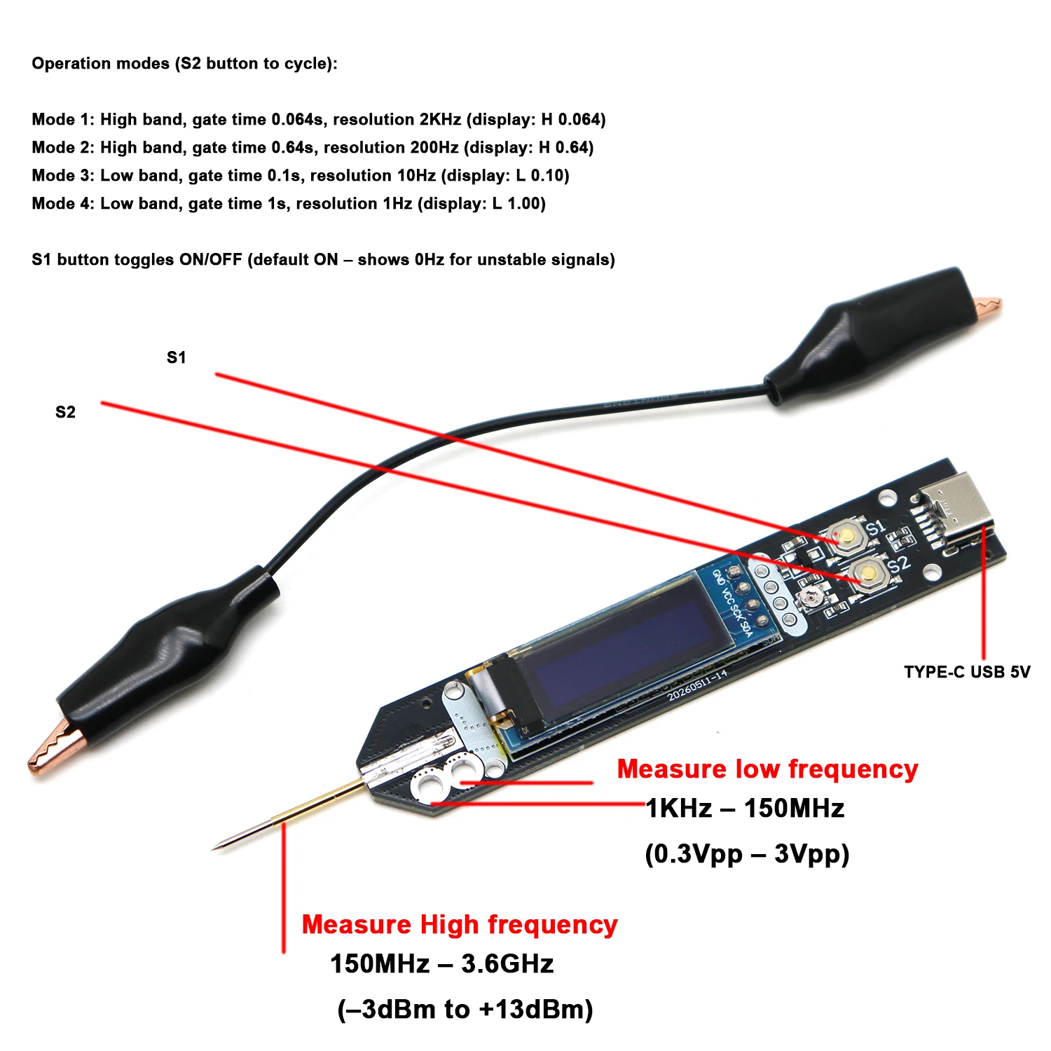 1KHz-150Mh-3.6GHz Pen Frequency Meter Dual Channel Frequency Counter Tester Probe for RF Signal Measurement Ham Radio Lab Repair