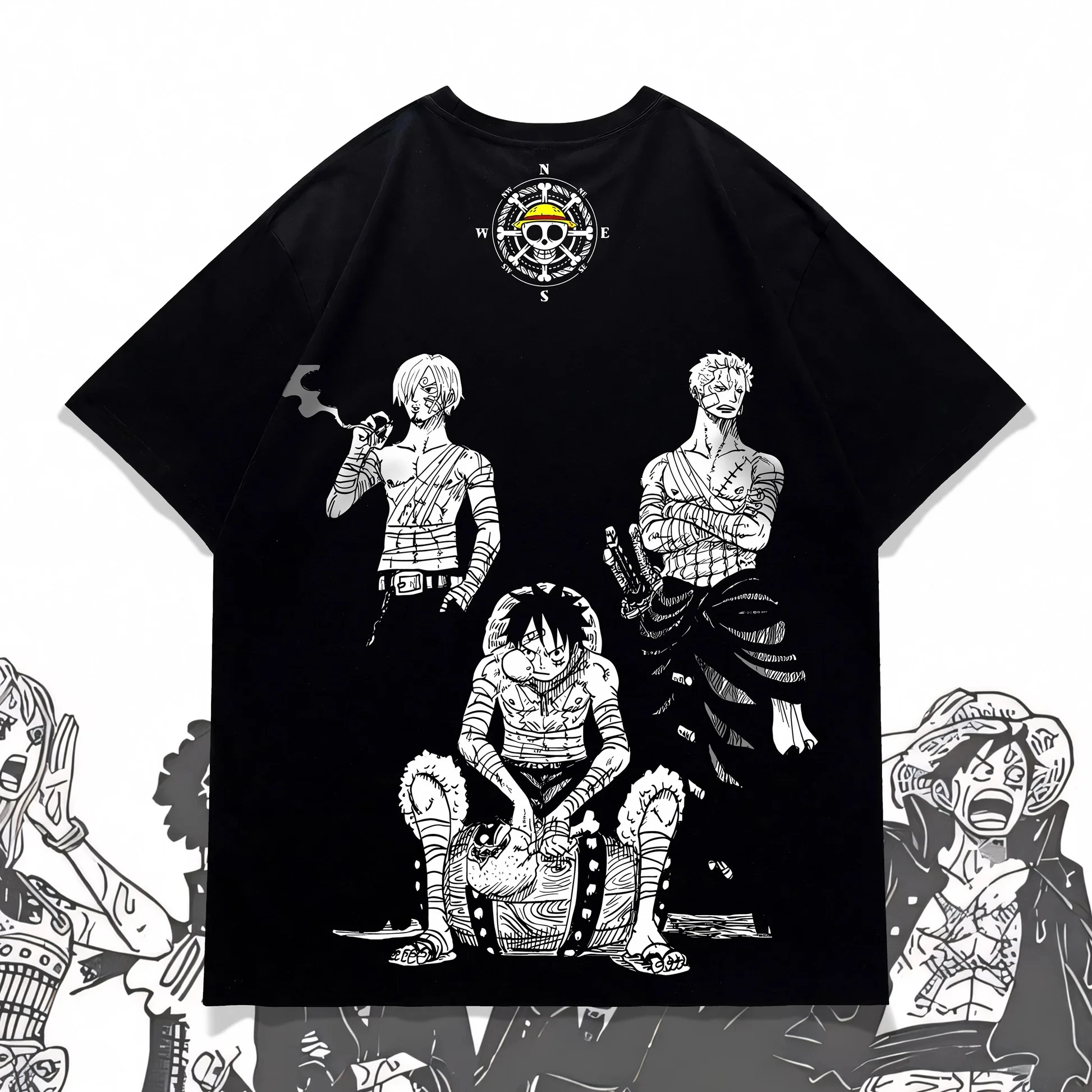 

Summer Men's Japanese Anime Original Design Children's Seasonal Short-sleeved Shirts One Piece Monster Trio Oversized T-shirts