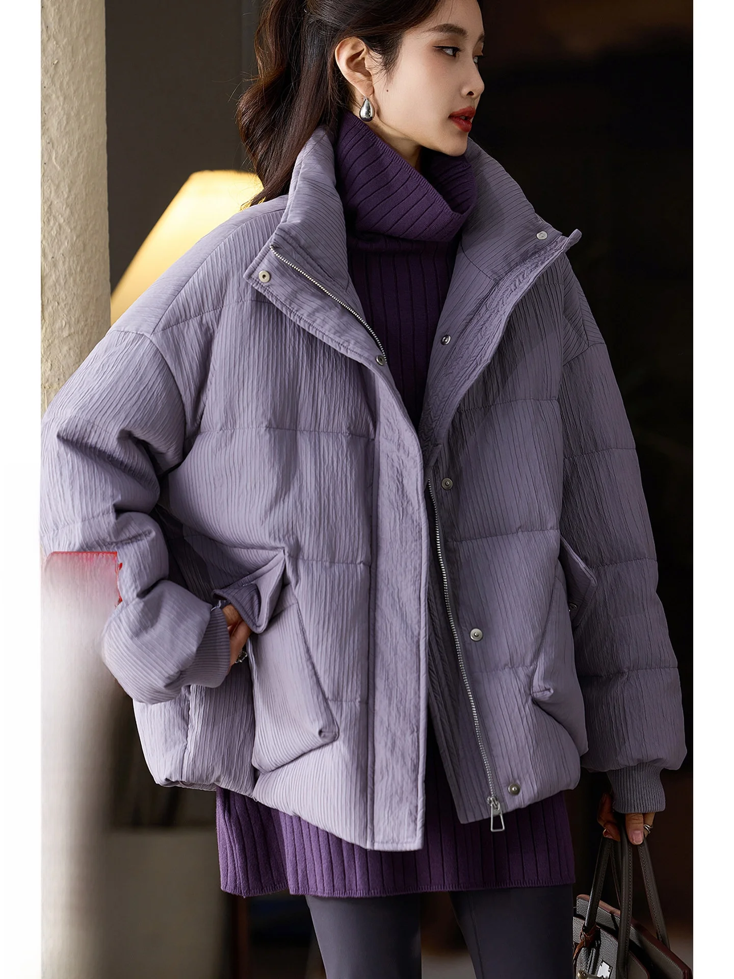 

Ele Textured Stand Collar White Du down Puffer Jaet Women's Winter plus Size Faion Street Sle Zipper Closure Coat