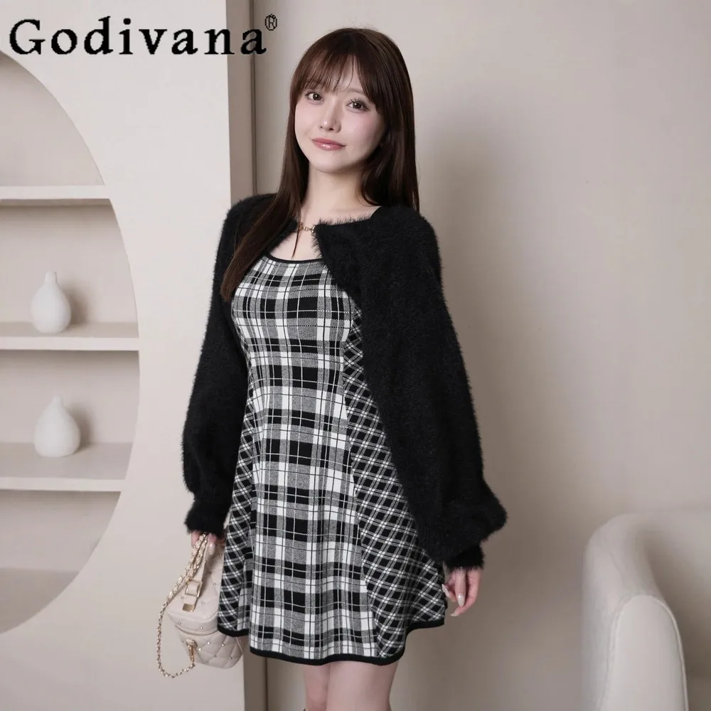

2026 Spring New Women's Plaid Dress Knitted Cardigan 2-Piece Set Girl's Japanese Style Sweet Slim Fit Elegant Long Dresses Set