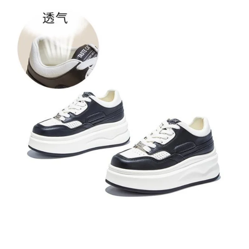 7.5CM Women Spring Autumn Mixed Color Vulcanize Genuine Leather Lace Up Stable High Platform Sneakers Fashion Ladies Shoe 35-40