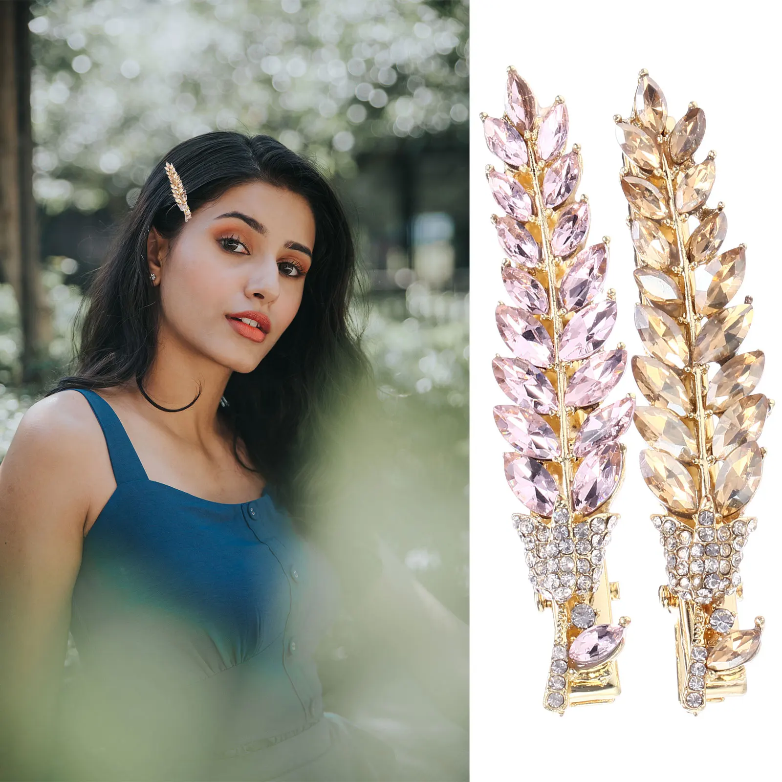 

2Pcs Crystal Hairpins French Alloy Bobby Clip Durable Electroplating Women Barrettes Wedding Party Accessories Gold