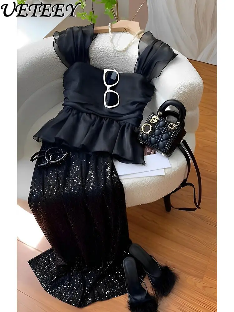 

Temperament Goddess Style Black Tops Sleeveless Shirt and Sequins Long Skirt Black Two-Piece Suit for Women Summer Outfits