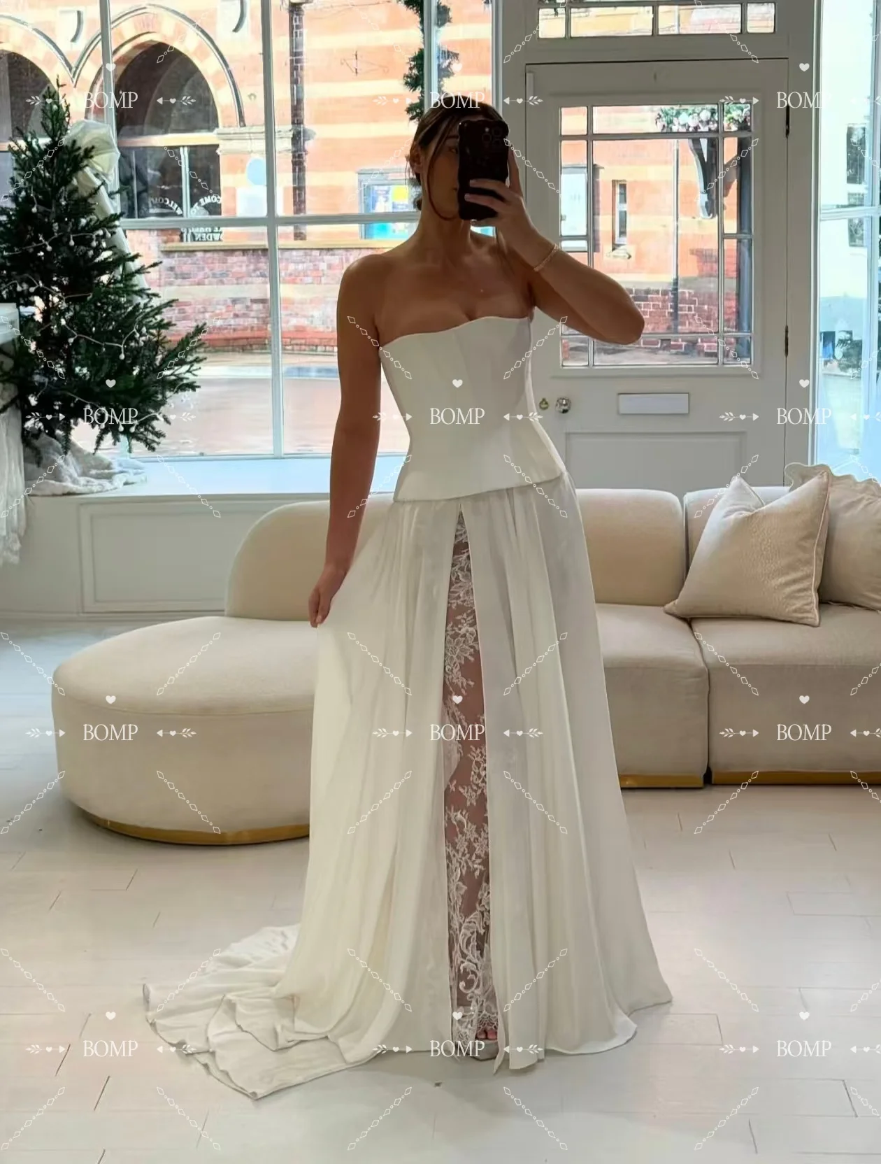 فستان BOMP كلاسيكي لحفلات الزفاف بدون حمالات مشد جانبي بفتحة عالية مع دانتيل على شكل حرف a فساتين سهرة مخصصة فيستدو دي نوفيا 2026 #2