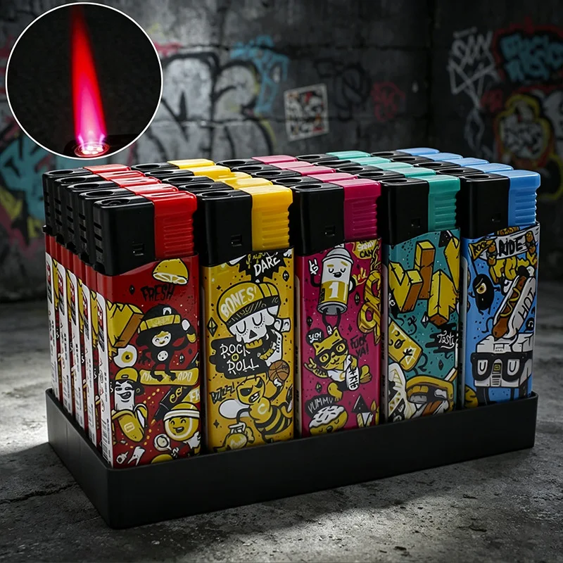 2026 Creative Cool Pattern Windproof Red Flame Butane Gas Lighter Press Ignition Flame Adjustable Lighters Cigarette Accessories