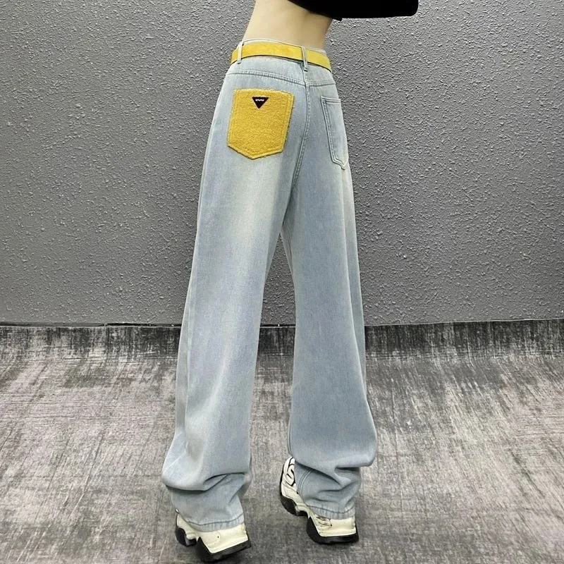 

2025 Spring Summer New Denim Wide Leg Pants for Women Splice Pockets High Waist Loose Fashion Jeans Female Clothing Pantalones