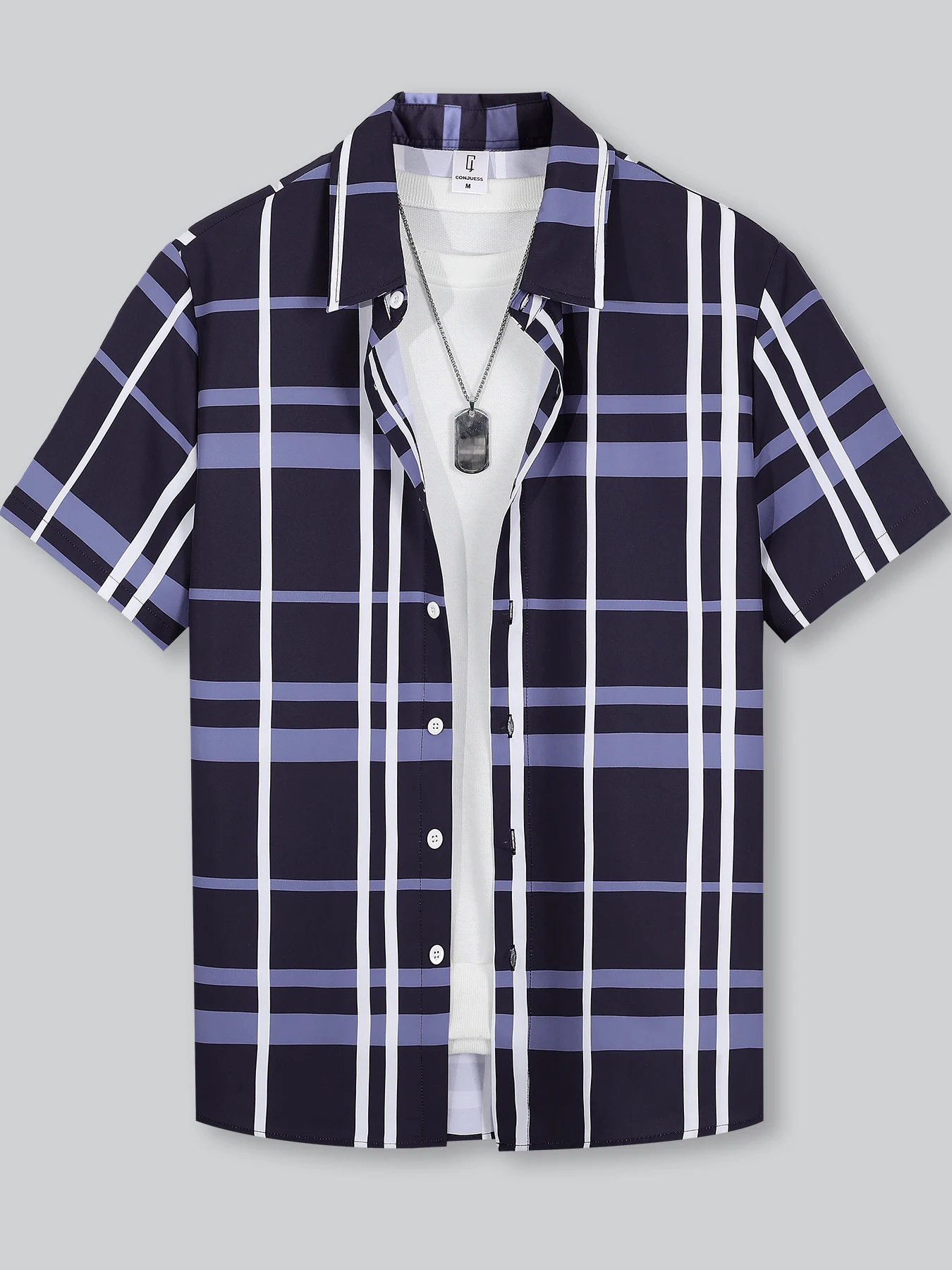 

Men's Navy Purple White Plaid Cuban Collar Shirt Summer Casual Breathable Short Sleeve Top