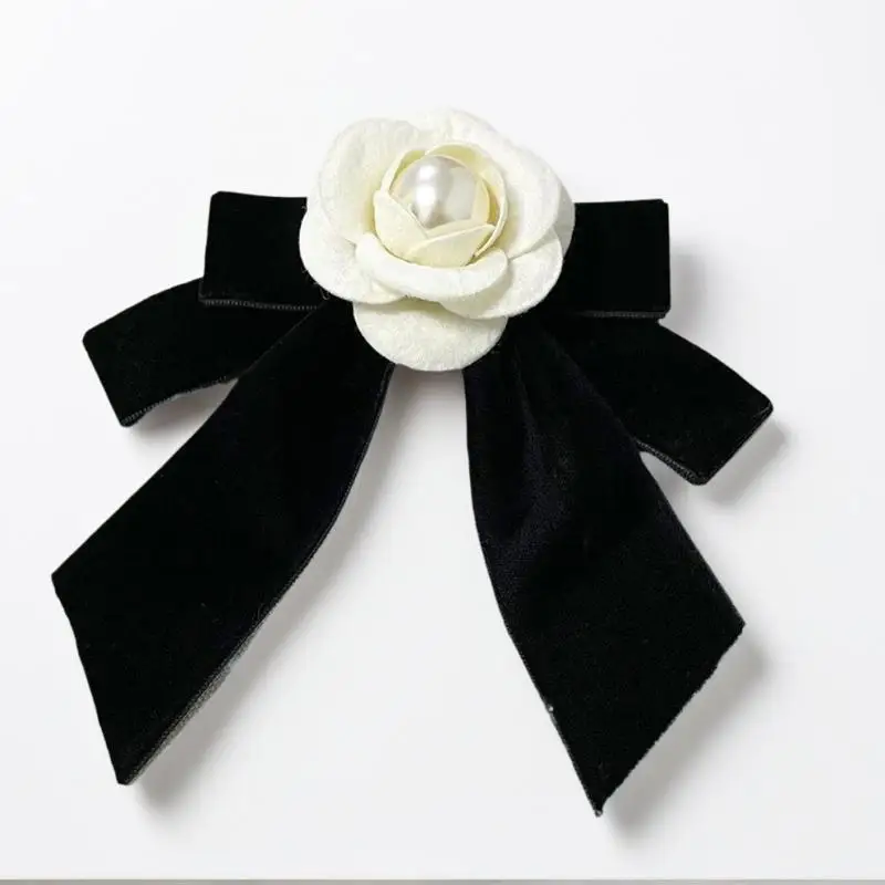French Style Camellia Pearl Velvet Bow Brooch Elegant Neck Tie Mourning Corsage Pin Formal Wear Shirt Collar Accessories