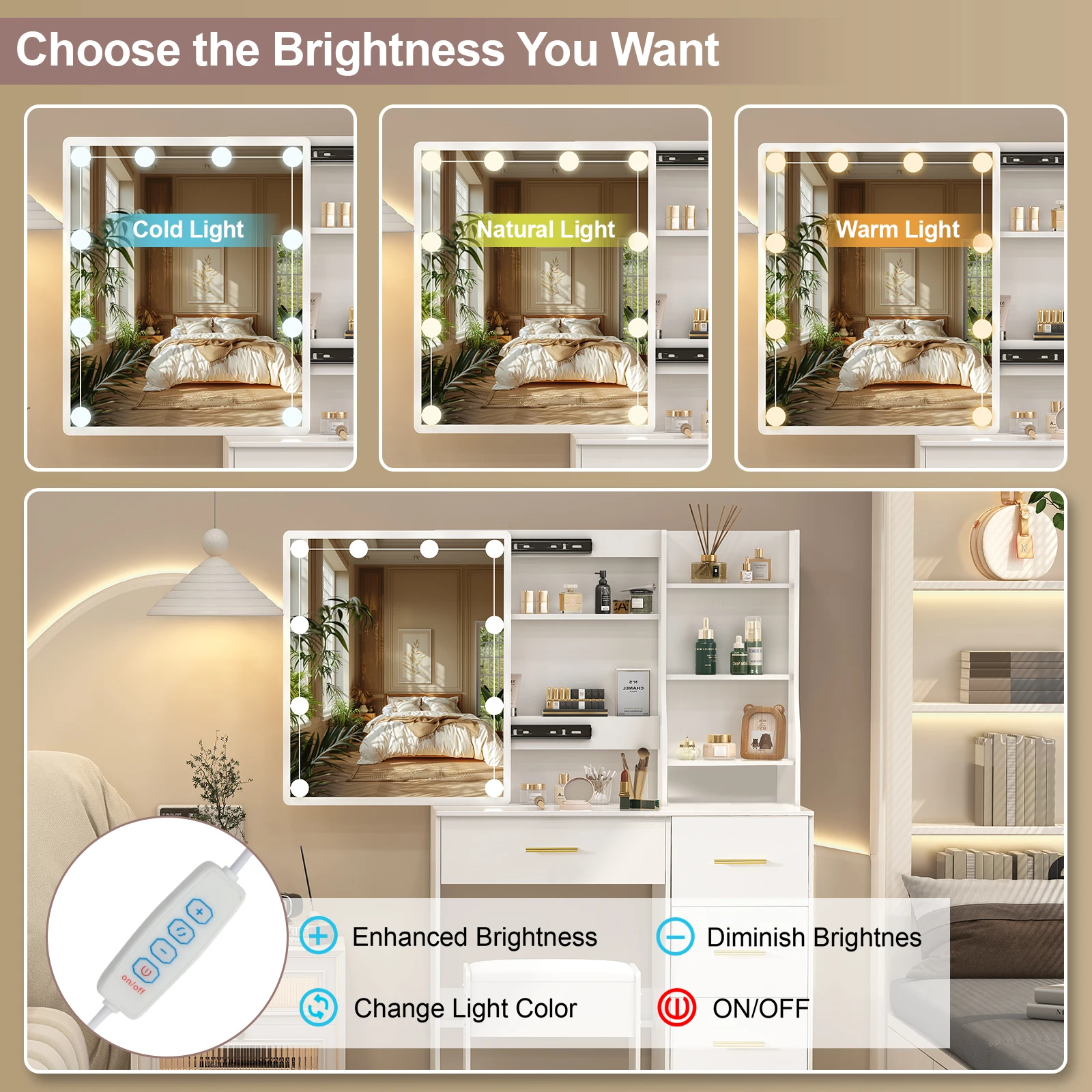 【صفقات 11.11، عروض الجمعة السوداء 2025】مقعد طاولة مع مرآة و10 لمبات إضاءة LED ومكتب مكياج