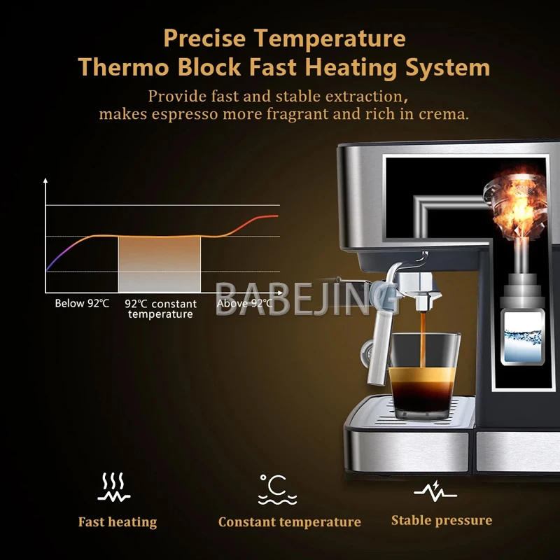 BABEJING全自動エスプレッソマシン、直感的なタッチディスプレイ搭載、カプチーノコーヒーマシン ブラック