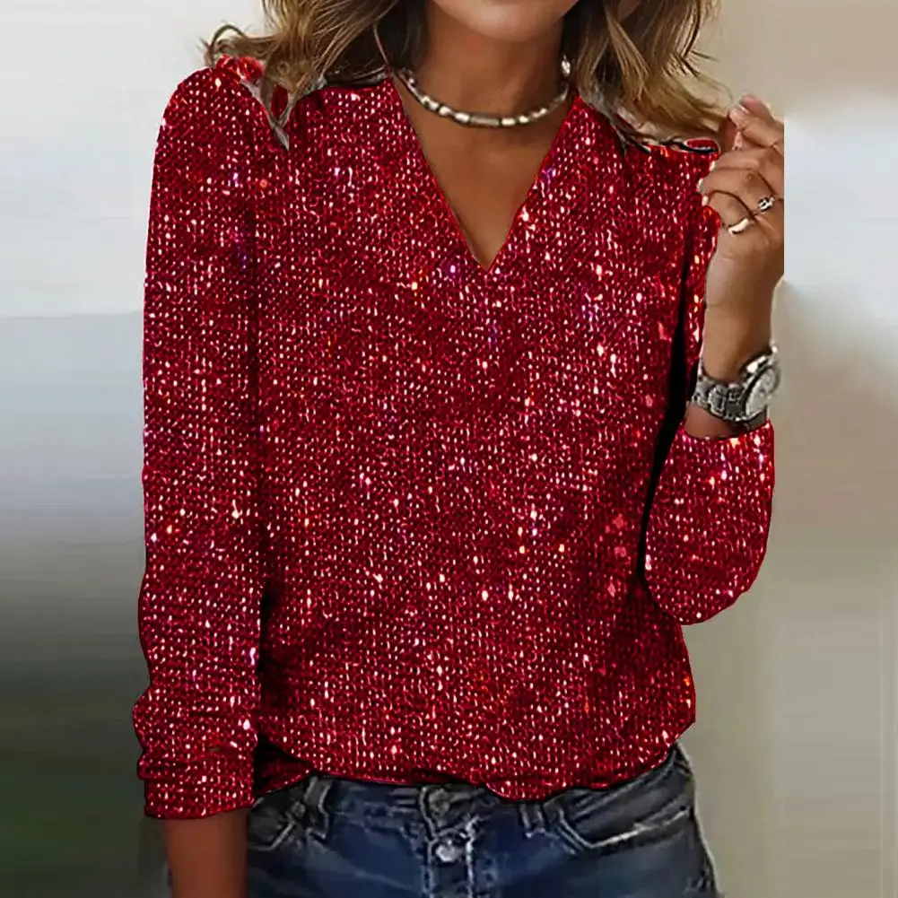 Regular Fit Women Top Sequin V Neck Long Sleeve Blouse Soft Pullover for Women Breathable Commute Club Party Shirt Women Top