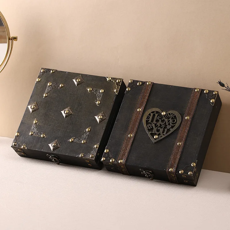 Wooden Teasure Chest Box Retro Large Capacity Necklace Jewelry Storage Case With Lock Exquisite Antique Wedding Gift Box