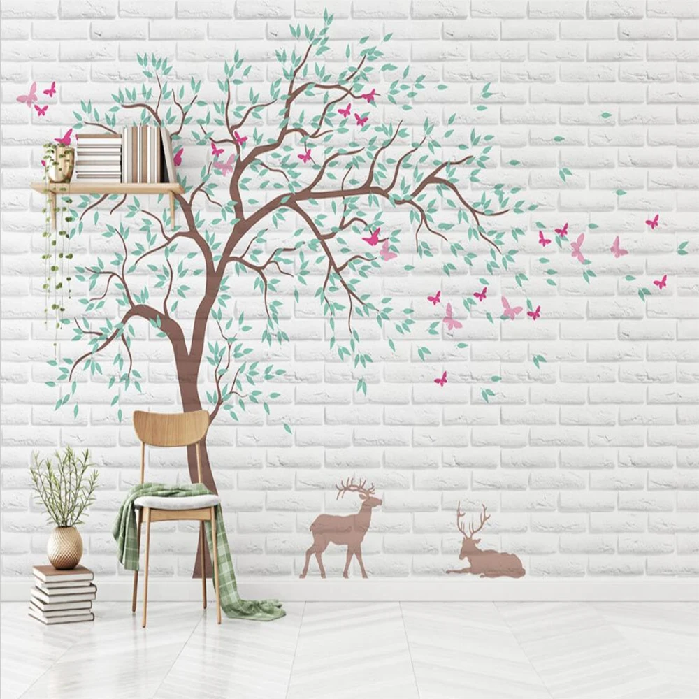 

Custom Big Tree Elk wallpaper for living room bedroom background photo murals White brick wall paper home decor 3D wall stickers