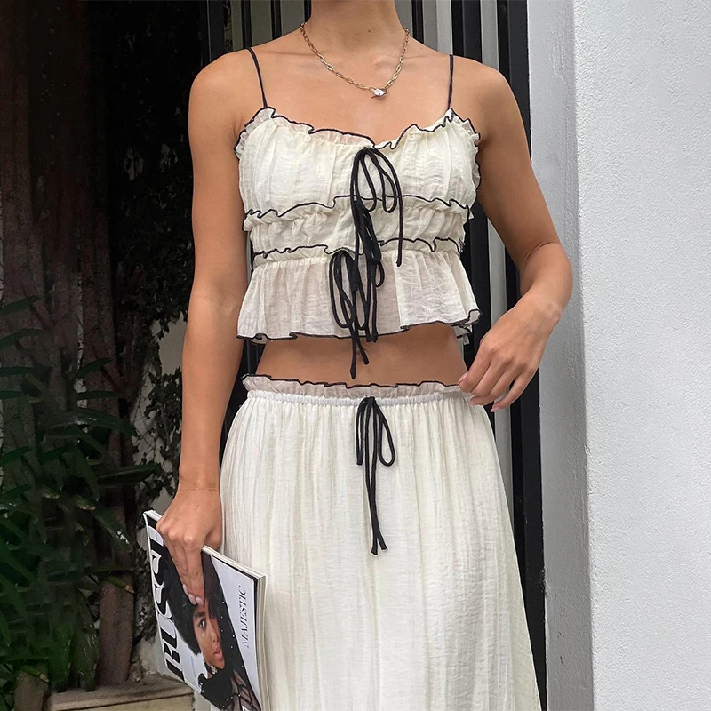 Candyhot Elegant Backless Y2K 2 Piece Set Aesthetic Lace Spaghetti Straps Pleated Suspended Tank Top and Loose Beach Skirt Set