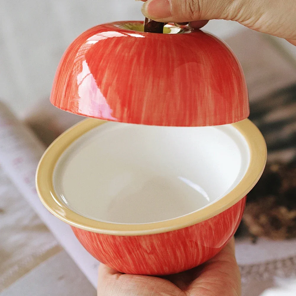Creative Cute Apple Shape Ceramic Bowl with Lid Korean Style Ins Delicate Porcelain Food Container Dessert Yogurt Salad Bowls
