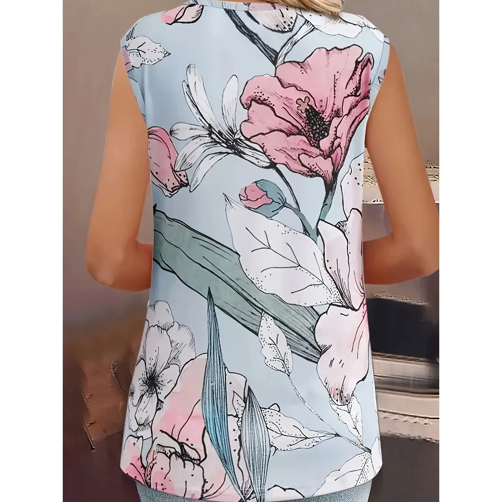 حجم كبير المرأة الأزهار طباعة الخامس الرقبة سترة عادية أكمام فضفاضة تانك القمم المرأة عادية أكمام ساحة الرقبة تانك القمم