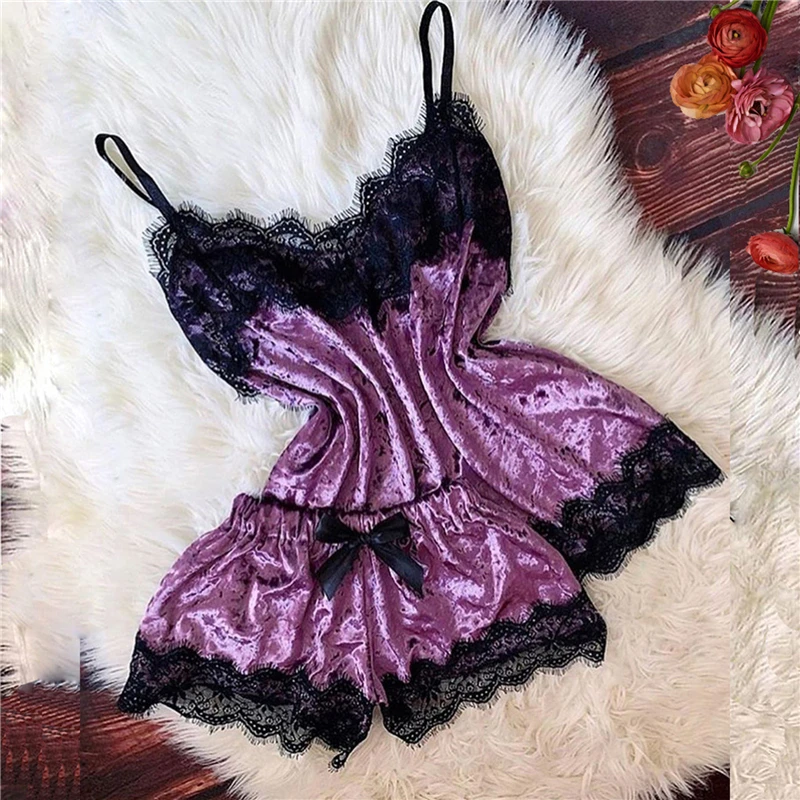 Women Pajama Suit Fashion V-Neck Stretch Satin Babydoll Lace Sexy Lingerie Bowknot Pyjamas Sleep Shorts 2 Piece Set Sleepwear