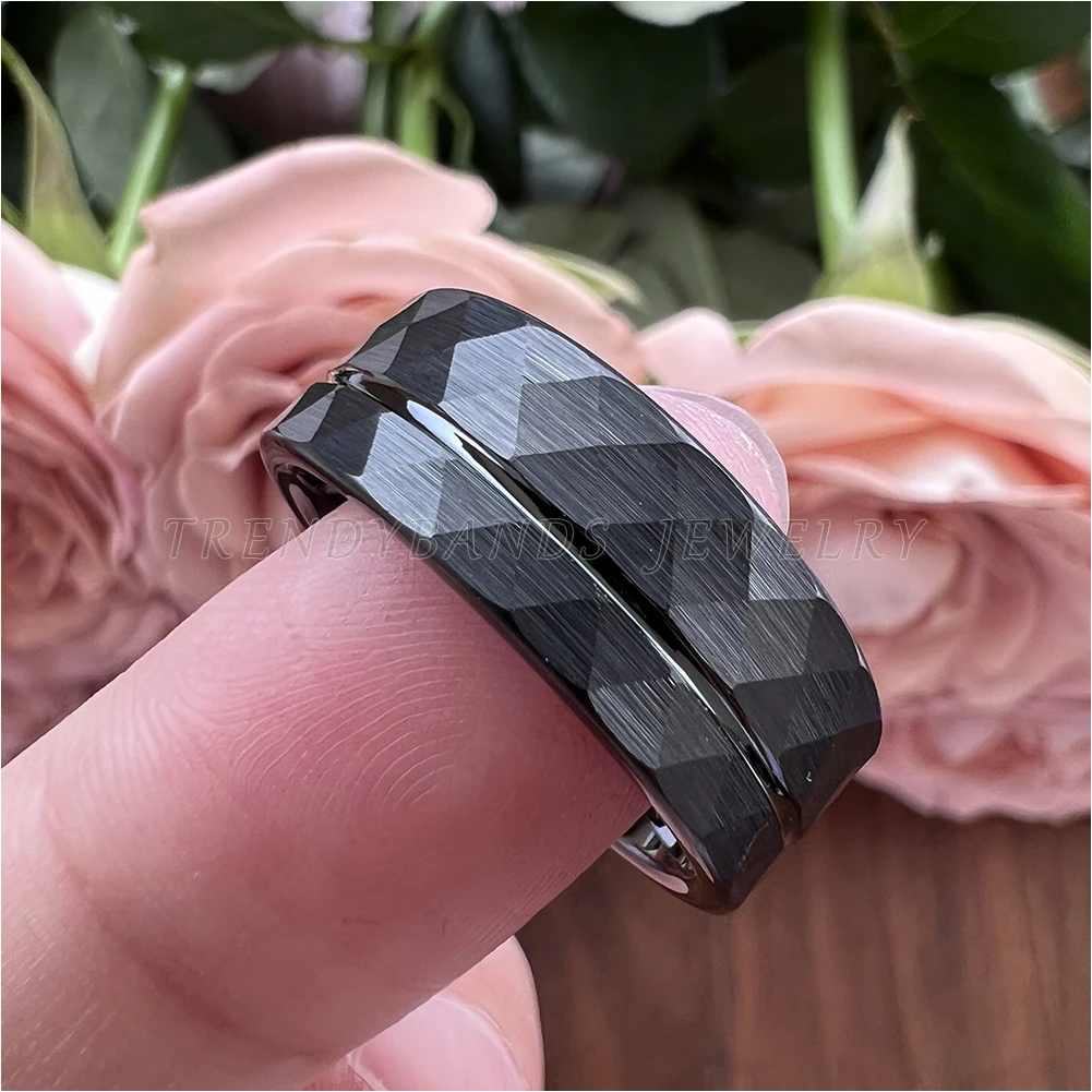 Rings for Men Women Wedding Band Black Tungsten Carbide Engagement Fashion Jewelry Hammered Brushed Finish Comfort Fit