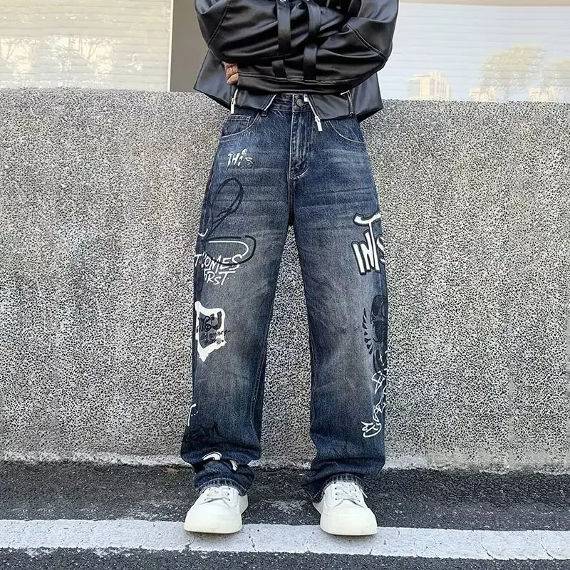 

American Sle Vintage fiti Dyeing Jeans Men's Loose Straight Leg Harlan Pants Wide Leg Long Trousers Casual Wear