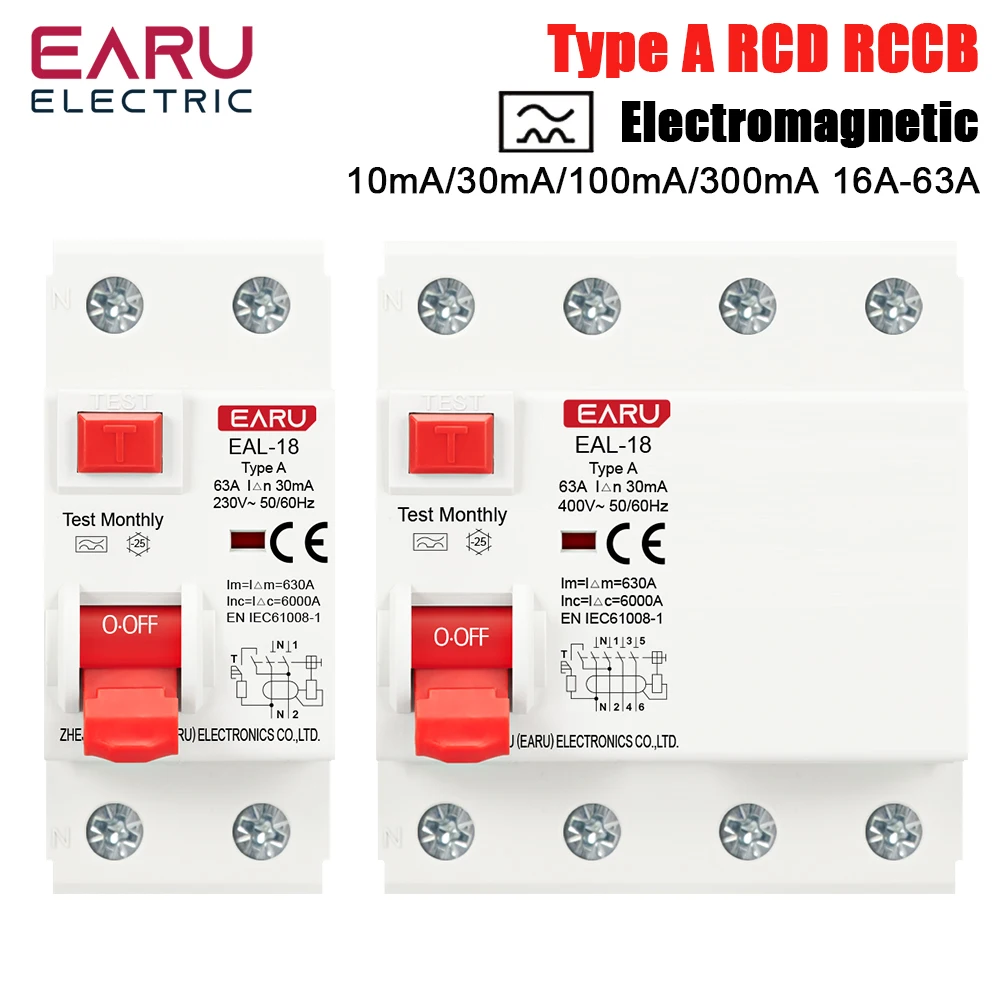EARU 10/30/100/300mA Type A RCCB RCD ELCB Electromagnetic Residual Current Circuit Breaker Differential Breaker Safety Switches