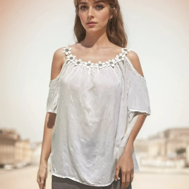

New Fashion Summer Women Blouse with Daisy Lace Round Neck Off Shoulder Loose Solid Color T-shirt 24933
