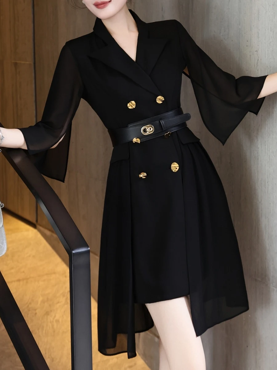 TWOTWINSTYLE Solid Sheer Spliced Belt Temperament Dresses for Women Lapel Half Sleeves Patchwork Double Breasted Dress Female