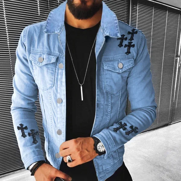 2024 Autumn and Winter Jacket Hip-hop Series Spliced Patch Printed Men's Street Denim Jacket Top Men Clothing Winter Jacket Men