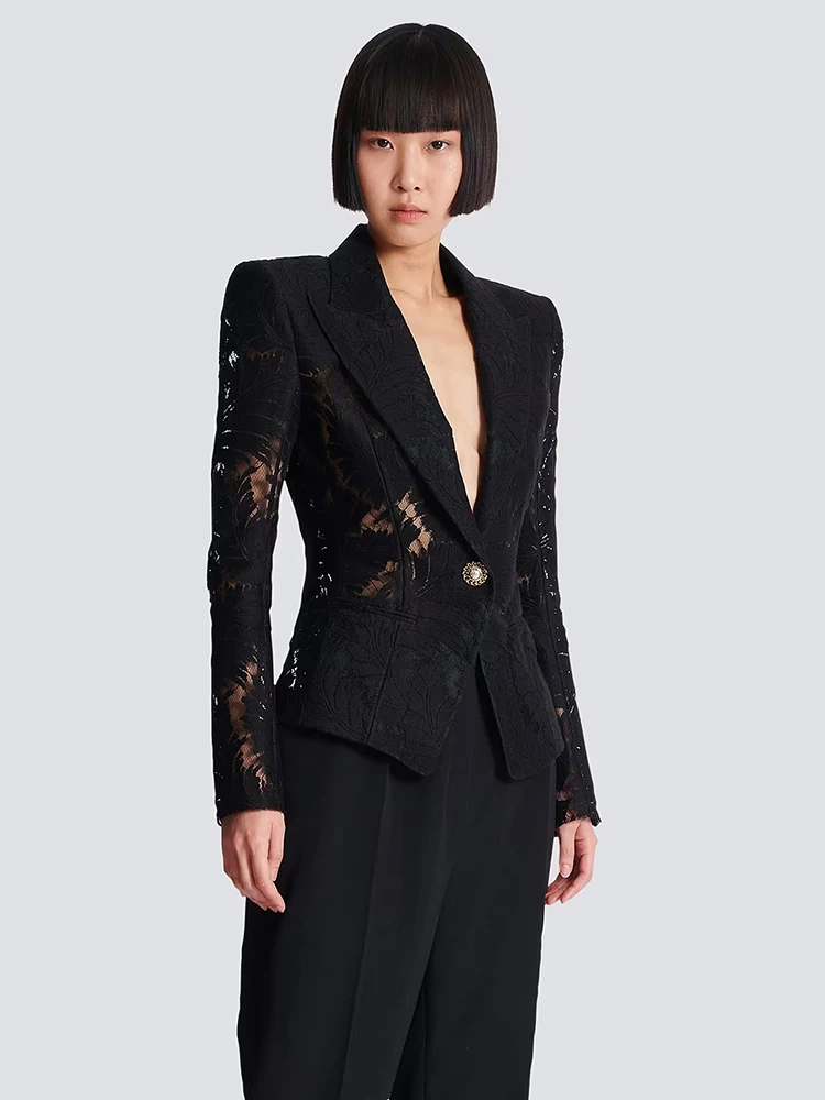 Women Black Lace See Through Jacquard Blazer – Elegant Slim Fit Single Button Suit Jacket Cocktail & Night Out Looks