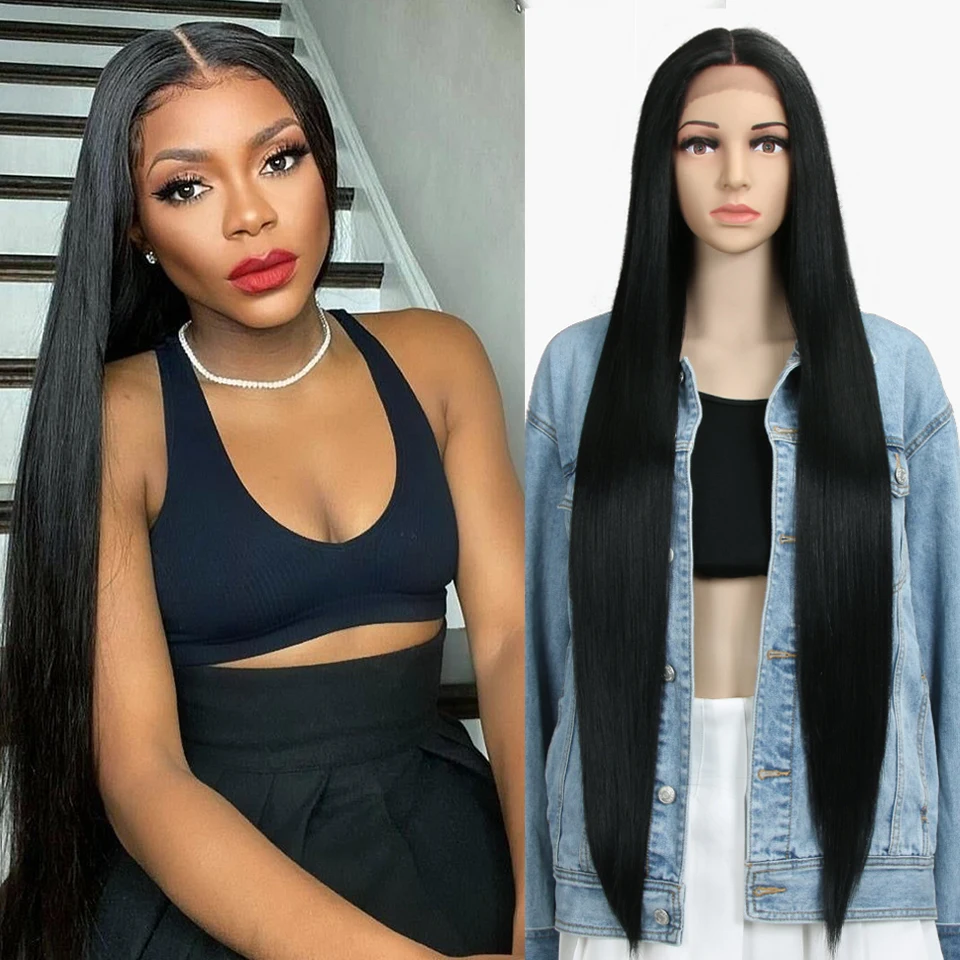 FREEDOM Gerade Synthetische Lace-Front-Perücke für Frauen 38 Zoll Lang Ombre Braun Rot Blond Highlight Lace-Frontal-Perücken Cosplay-Perücke – Detail 8