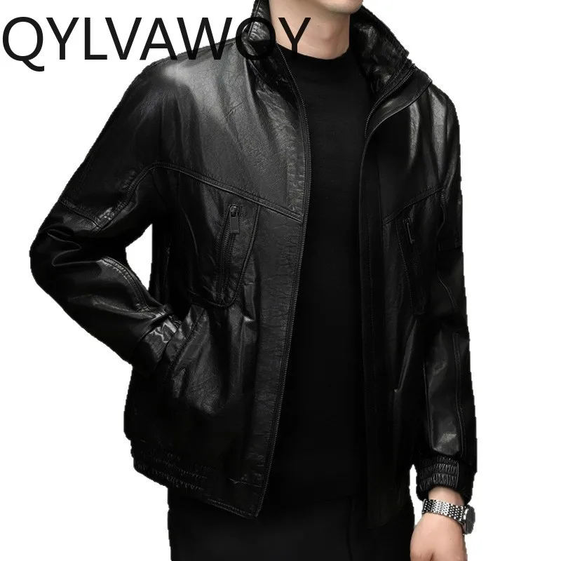 

QYLVAWOY Genuine Leather Jacket Men Autumn Winter Real Oil-waxed Cowhide Leather Coat Man Fashion Short Motorcycle Jackets 2026