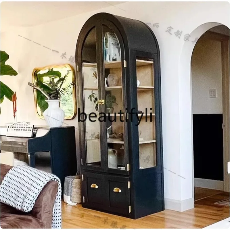 

French Retro Solid Wood Bookshelf Living Room Glass Wine Cabinet Display Light Luxury Storage Cabinet