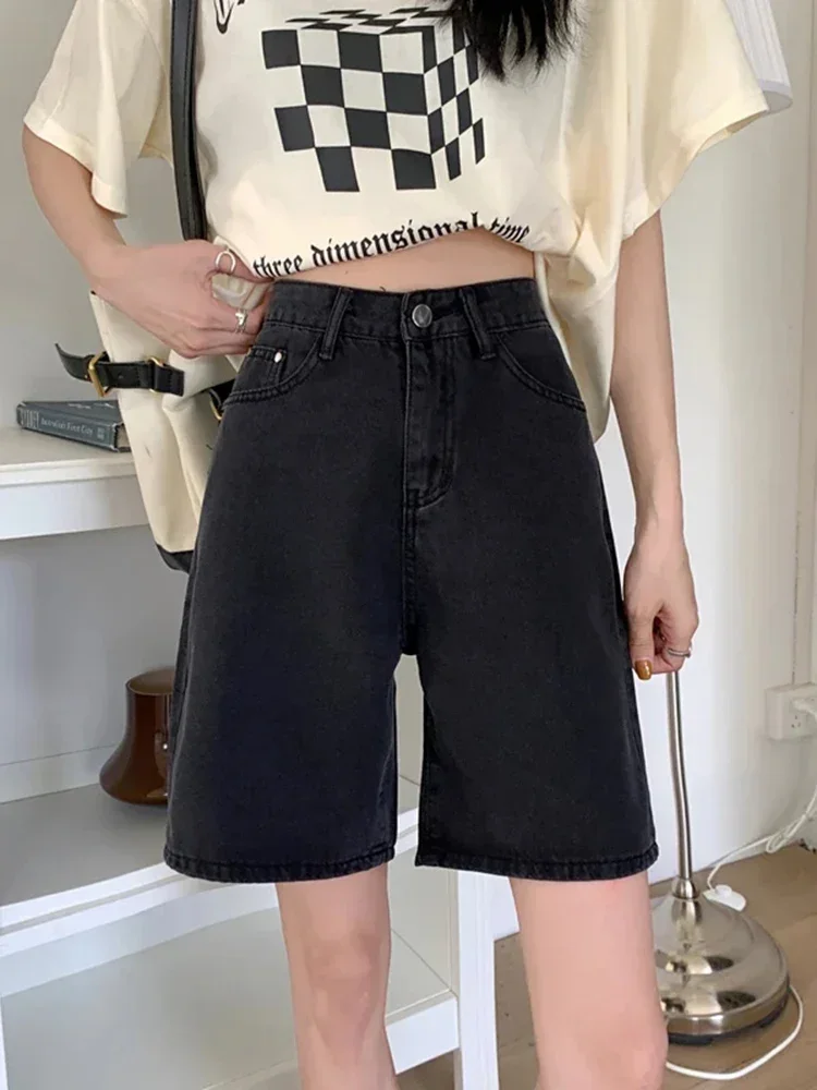 

Новые летние повседневные джинсовые шорты трапециевидной формы с высокой талией, женские корейские модные тонкие свободные женские прямые широкие шорты