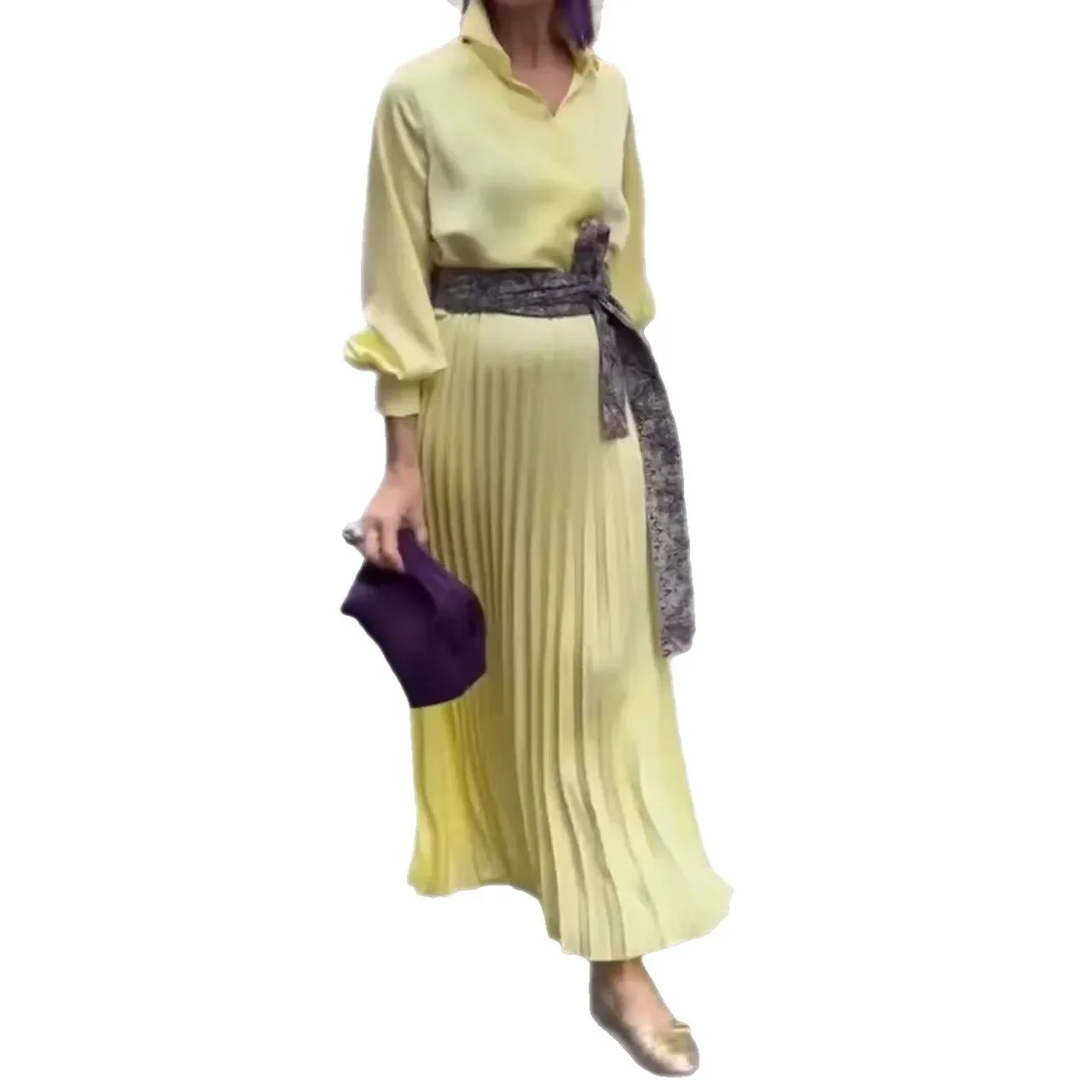 Büro Lace Up Plissee Langes Kleid Frauen Fashion Solid Laterne Hülse Kleider für Frauen 2025, Frühling Casual Maxi Hemd Kleid