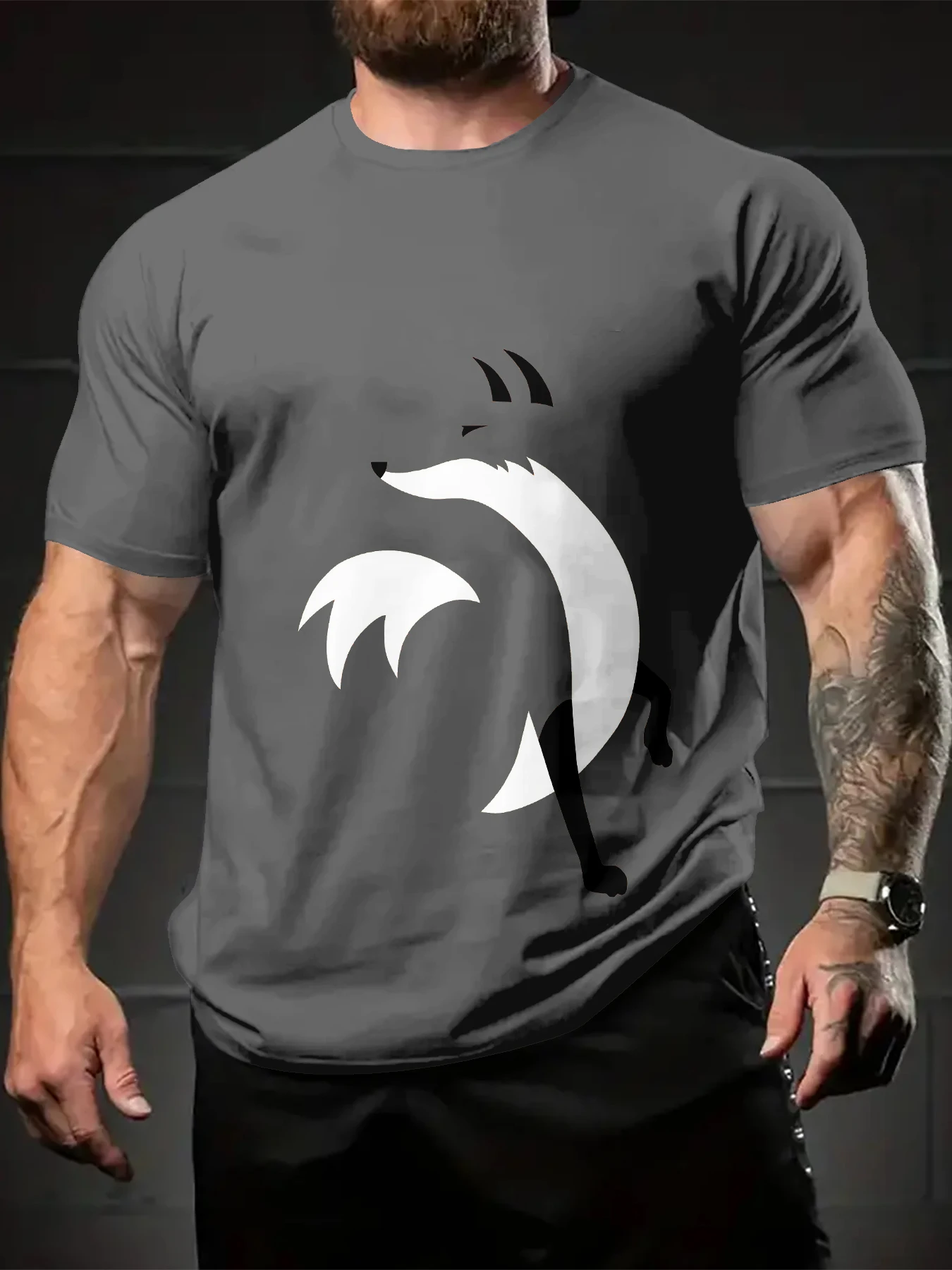 Men Short Sleeve T-Shirt, Dark Gray Base Black White Minimal Geometric Fox Silhouette Graphic Casual Sport Tee
