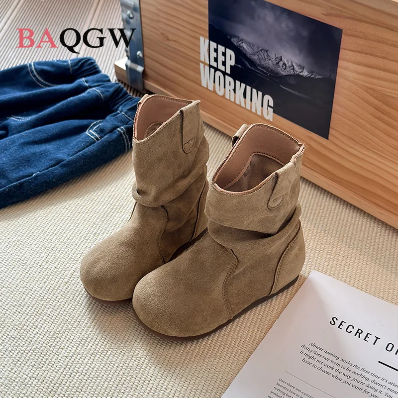 Faux Suede Retro Slouch Mid Calf Boots Round Toe Soft Non Slip Children Fashion Boots for Girls Autumn Daily Wear