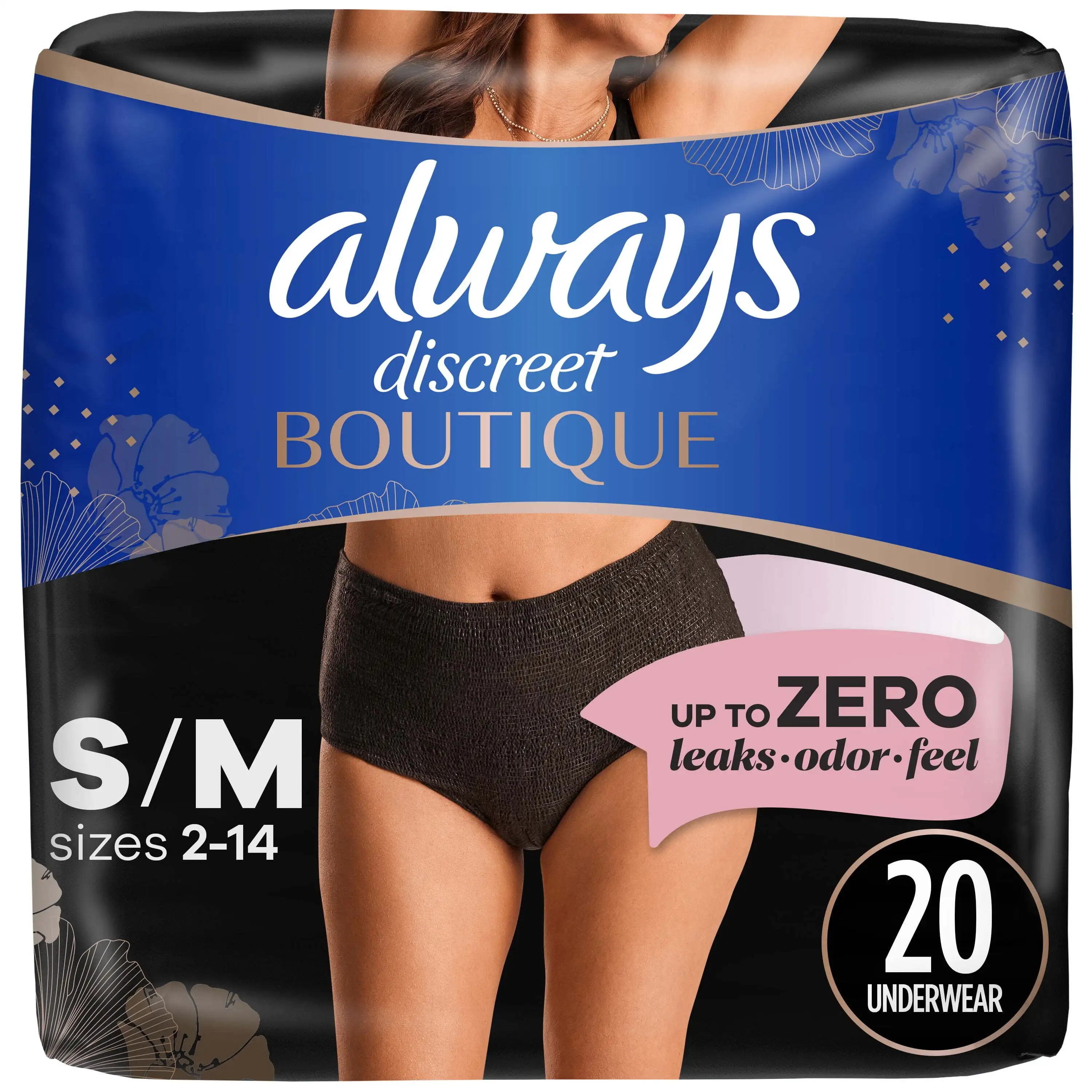 

Boutique Incontinence and Postpartum Underwear for Women, Maximum Protection, S/M, Black, 20 Count