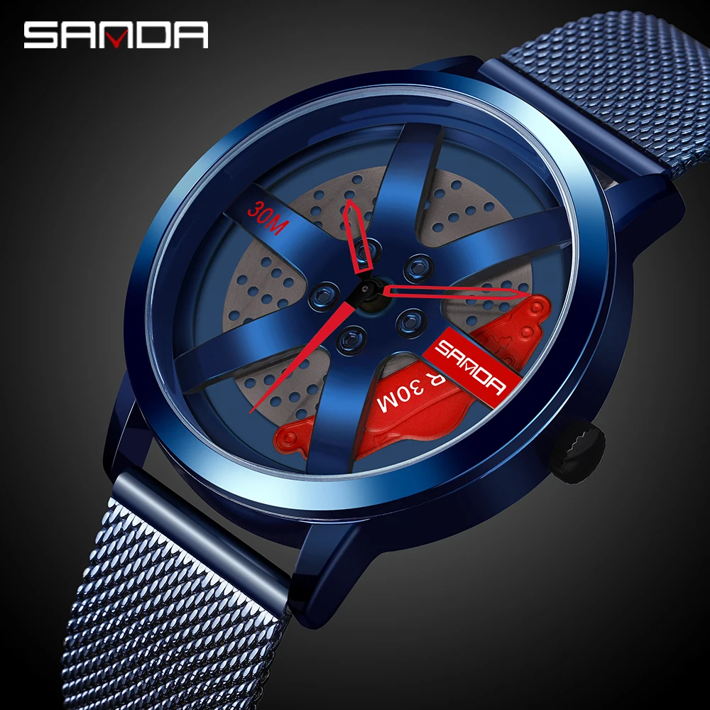 

Men Fashion Hot Sell Car Rim Wristwatch 3D Wheel Rim Dial Watches Steel Mesh belt Waterproof Sport Quartz Wristwatch Relogio