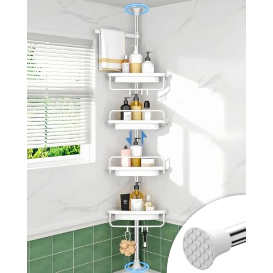 

Corner Shower Caddy Tension Pole, Extendable Rustproof Stainless Steel Pole and 4-Tier Adjustable Shelves for Easy Drainage and