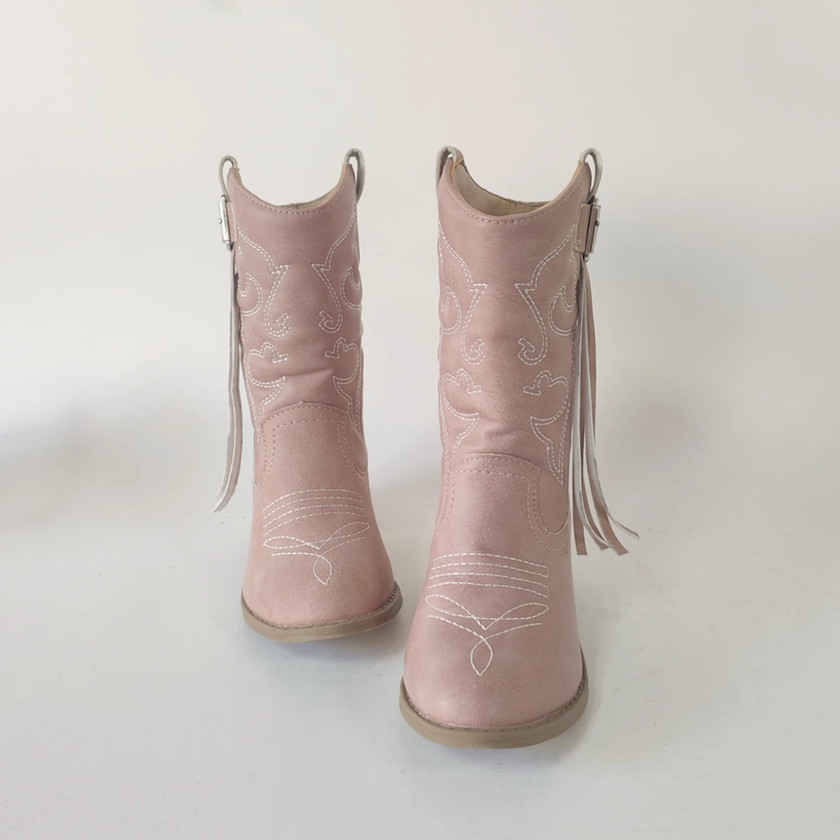 

Pink Belt Buckle Tassel One Foot Stirrup Embroidery Chunky Heel Round Toe Knight Boots Western Mid Calf Boots For Girls