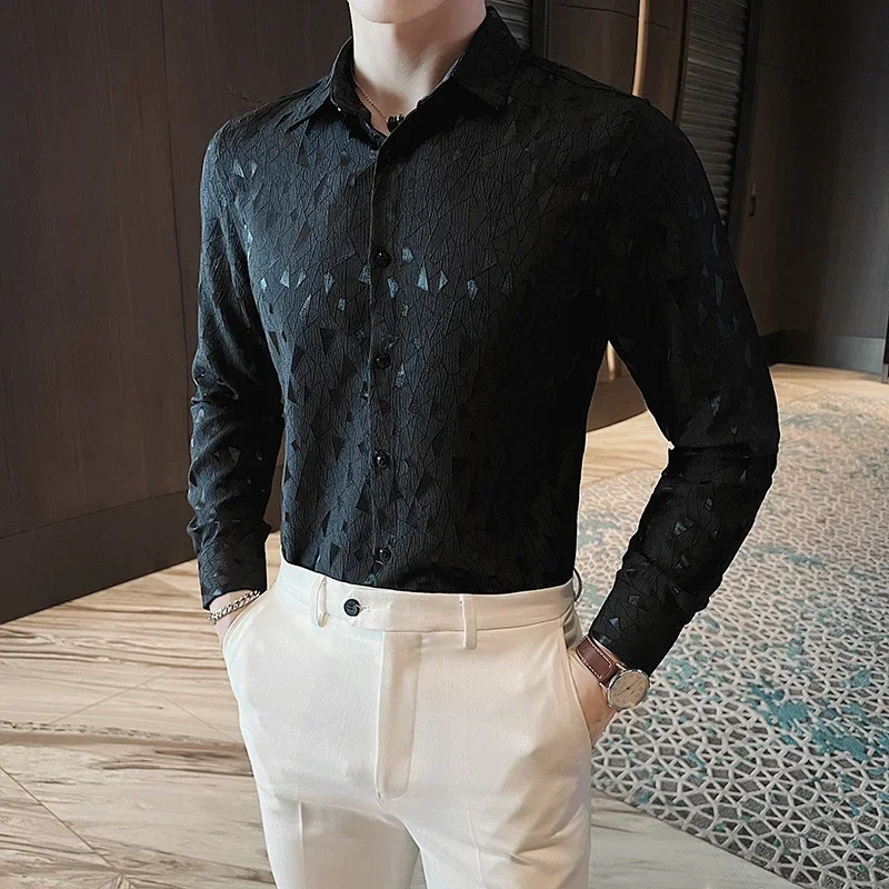 

Autumn Geometric Embossed Long Sleeved Men Dress Shirt Fashion Button Down Lapel Business Formal Male Shirts Tops Plus Size 4XL