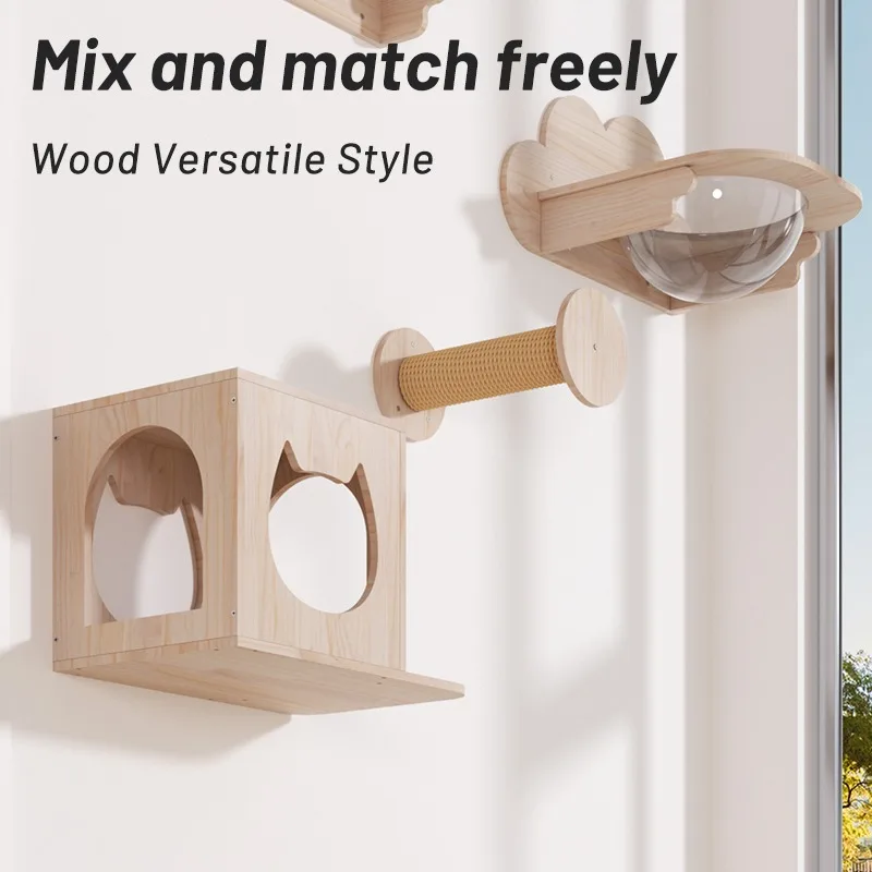 

Solid wood indoor wall-mounted furniture cat tree house with hanging bed frame cat climbing frame set