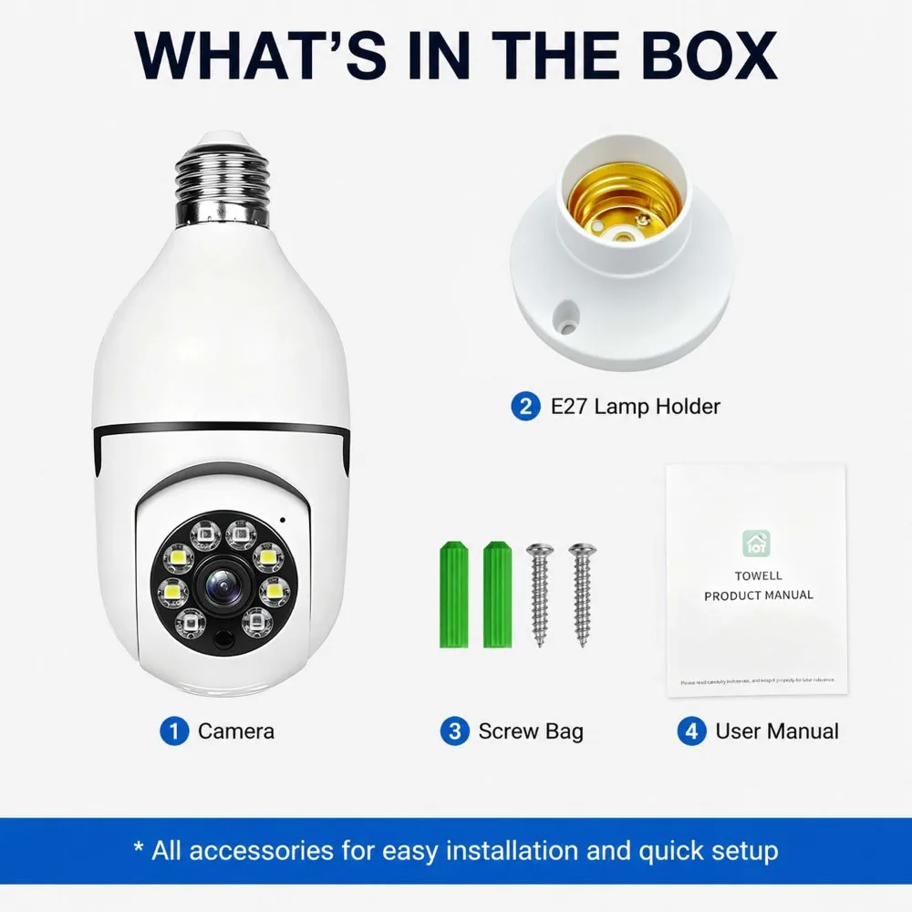 E27 Bulb Camera 1080P Full Color Night Vision Auto Tracking 355° 110° Zoom 2.4G WiFi Indoor Security Cam